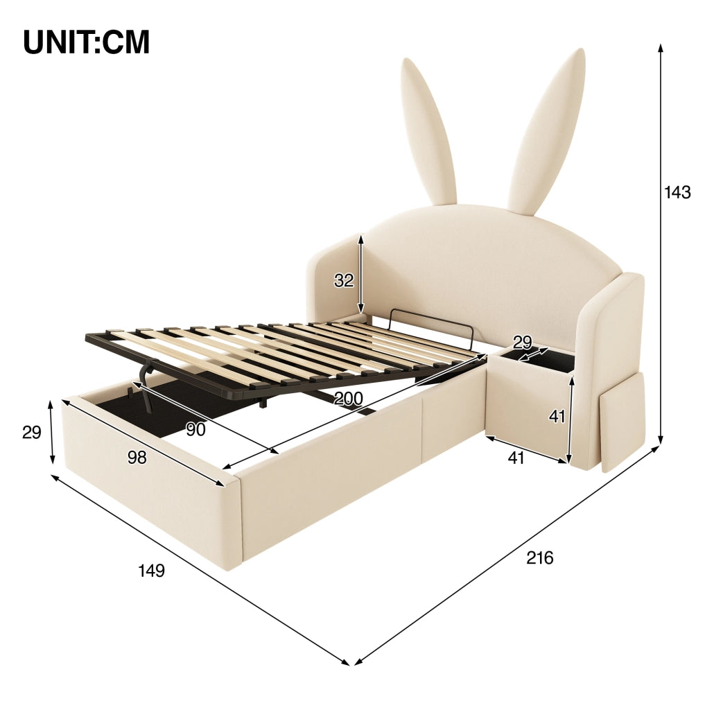 Letto imbottito per bambini ULEVR 90x200 cm con contenitore idraulico, comodino montabile a sinistra o destra, beige