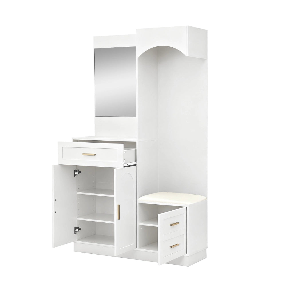 Mobile guardaroba compatto con scarpiera; specchio e panca; 110 ¡Á 33 ¡Á 185.5 cm; MDF bianco
