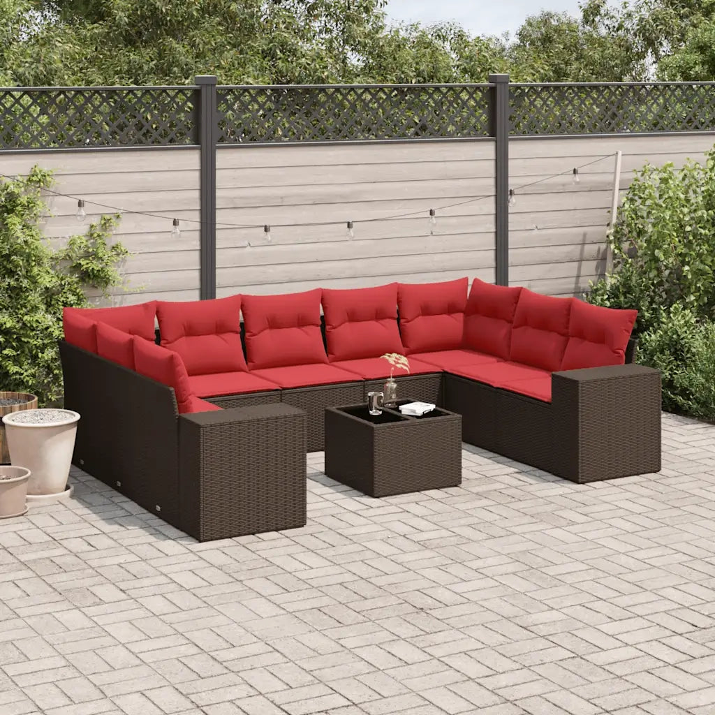 Set Divani da Giardino 10 pz con Cuscini Marrone in Polyrattan 3223013