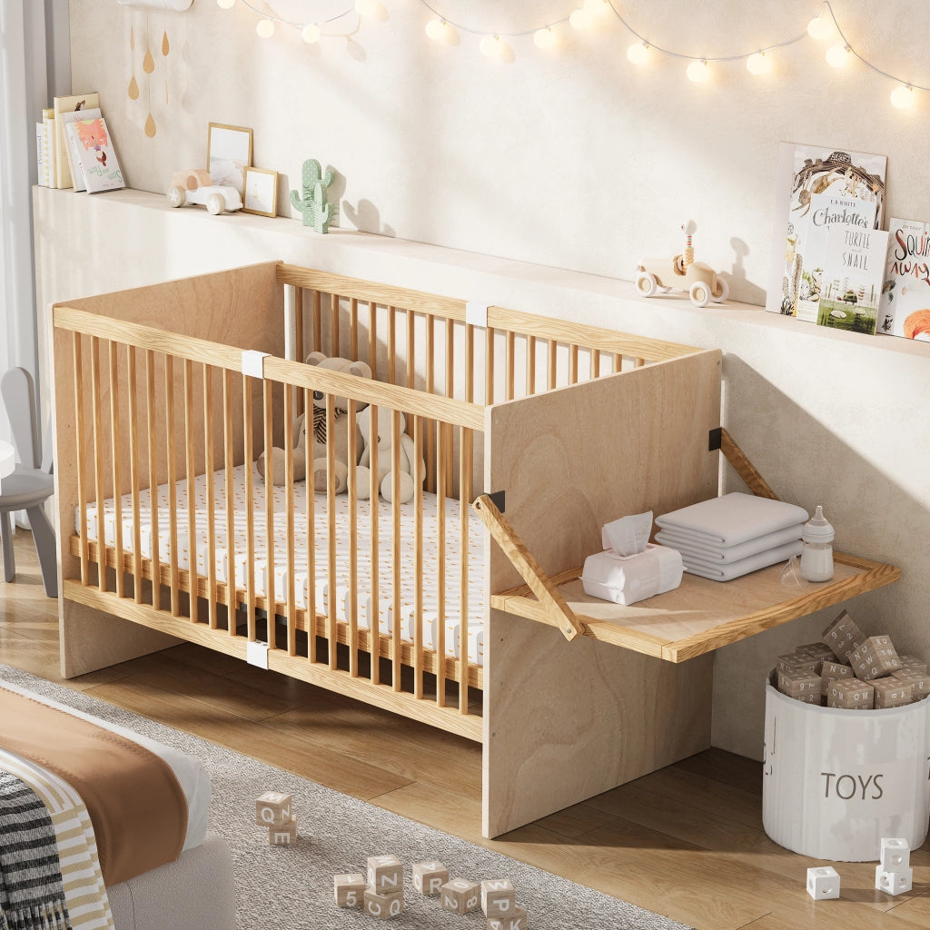 Culla 70 × 140 × 95 cm con fasciatoio laterale pieghevole e rete regolabile in 4 altezze in legno naturale