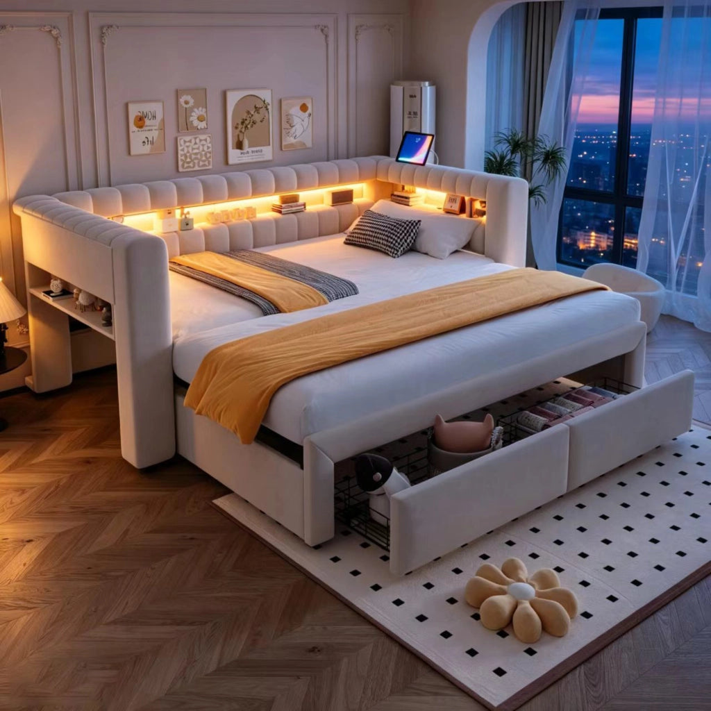 Letto divano 90 × 190 e 180 × 190 cm con letto estraibile; 2 cassetti; LED regolabile; USB e tipo C; senza materasso