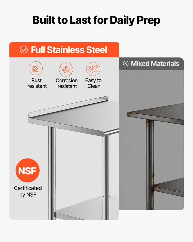 Tavolo da Lavoro in Acciaio Inox con Ruote 762 x 610 x 894 mm Carico 204 kg Tavolo per Cucina con Alzatina e Ripiano