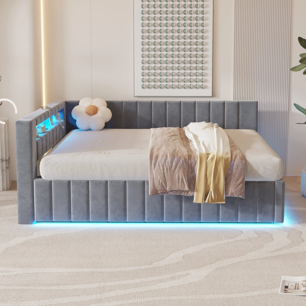 Letto matrimoniale imbottito 140 × 200 cm con contenitore idraulico; LED; USB; testiera e schienale in velluto grigio
