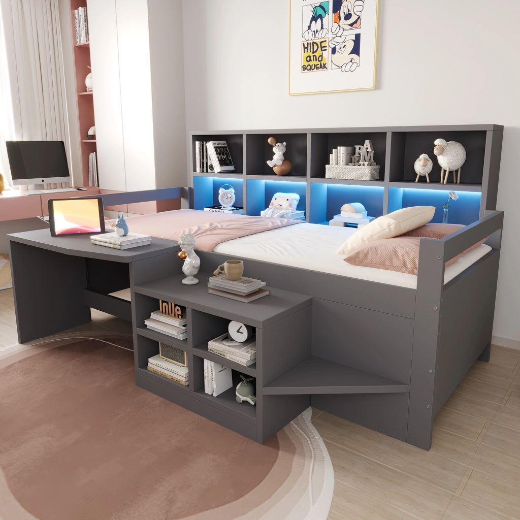 Letto a soppalco 90 × 200 cm con scrivania contenitori LED USB presa elettrica e scala in legno grigio