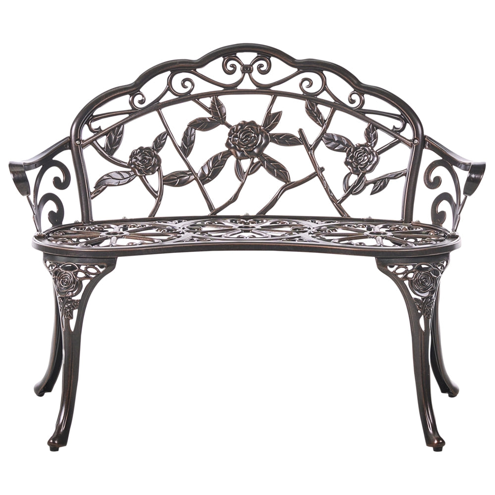 Panchina da giardino marrone scuro in metallo alluminio 2 posti braccioli stile vintage