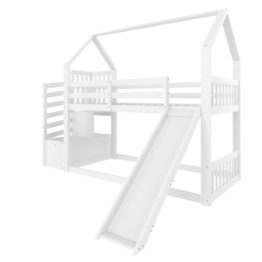 Letto a soppalco per bambini 90x200 cm in legno di pino e MDF, con scivolo e scala contenitore, bianco
