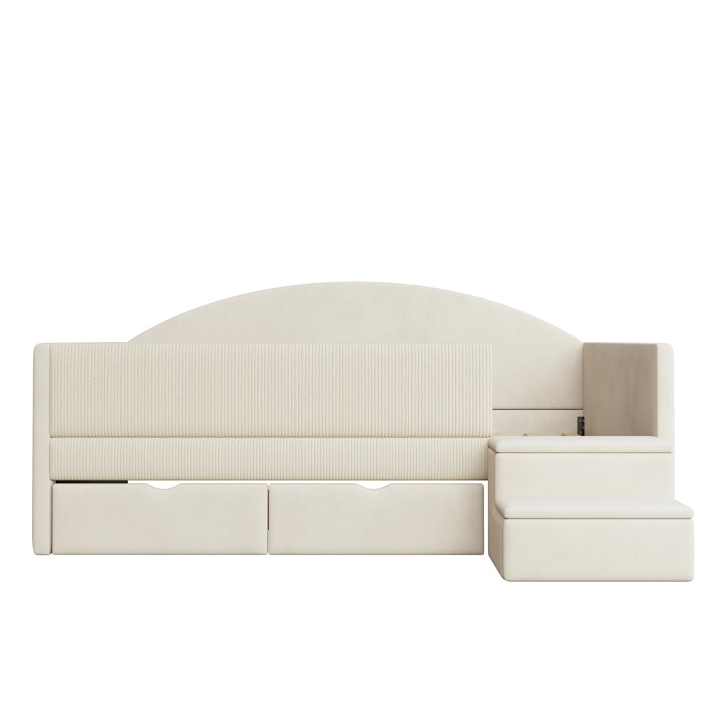 Letto per bambini imbottito 90 × 190 cm in velluto beige con due cassetti sponde gradini antiscivolo e rete a doghe