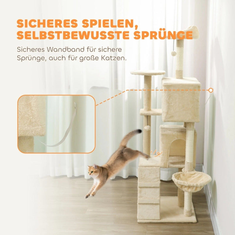 Tiragraffi per gatti con cuccia; amaca; scala; piattaforme e pali rivestiti in sisal beige