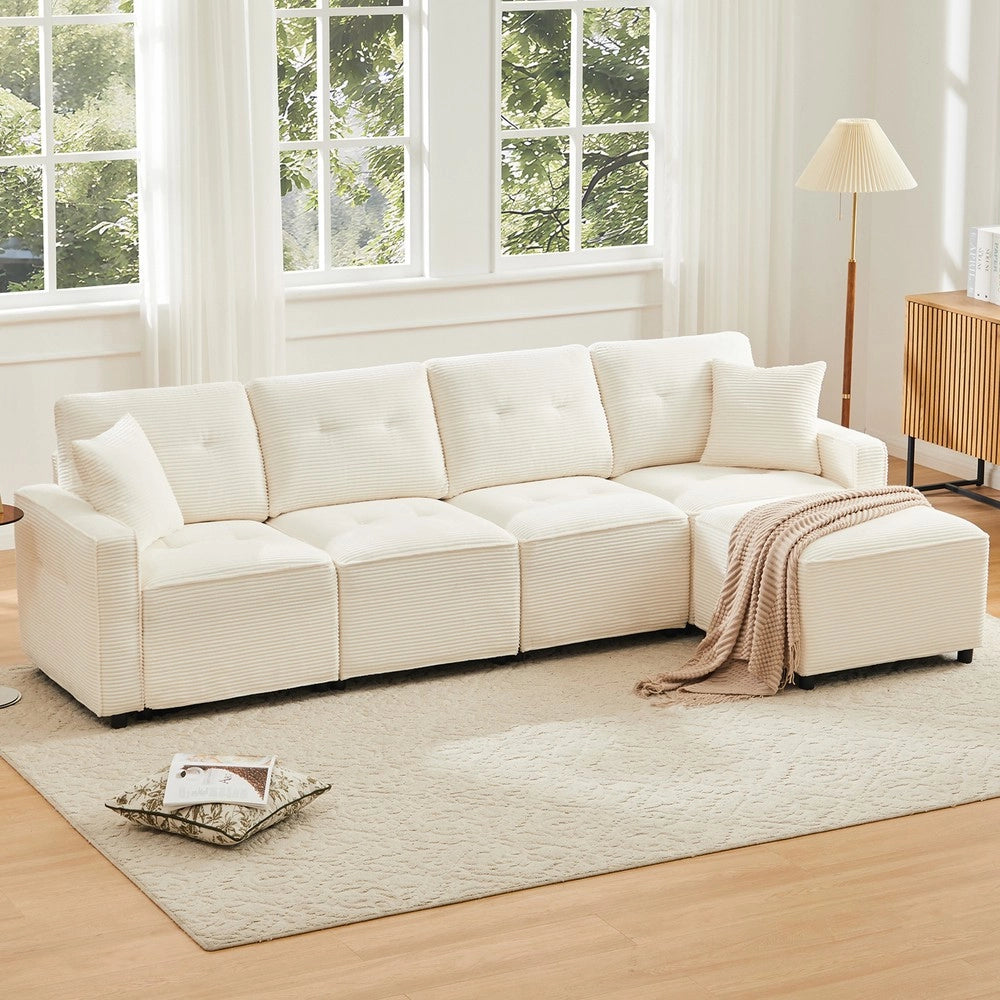 Divano 4 posti con contenitore e poggiapiedi ¨C Minimal ¨C Beige velluto 280x146x85 cm