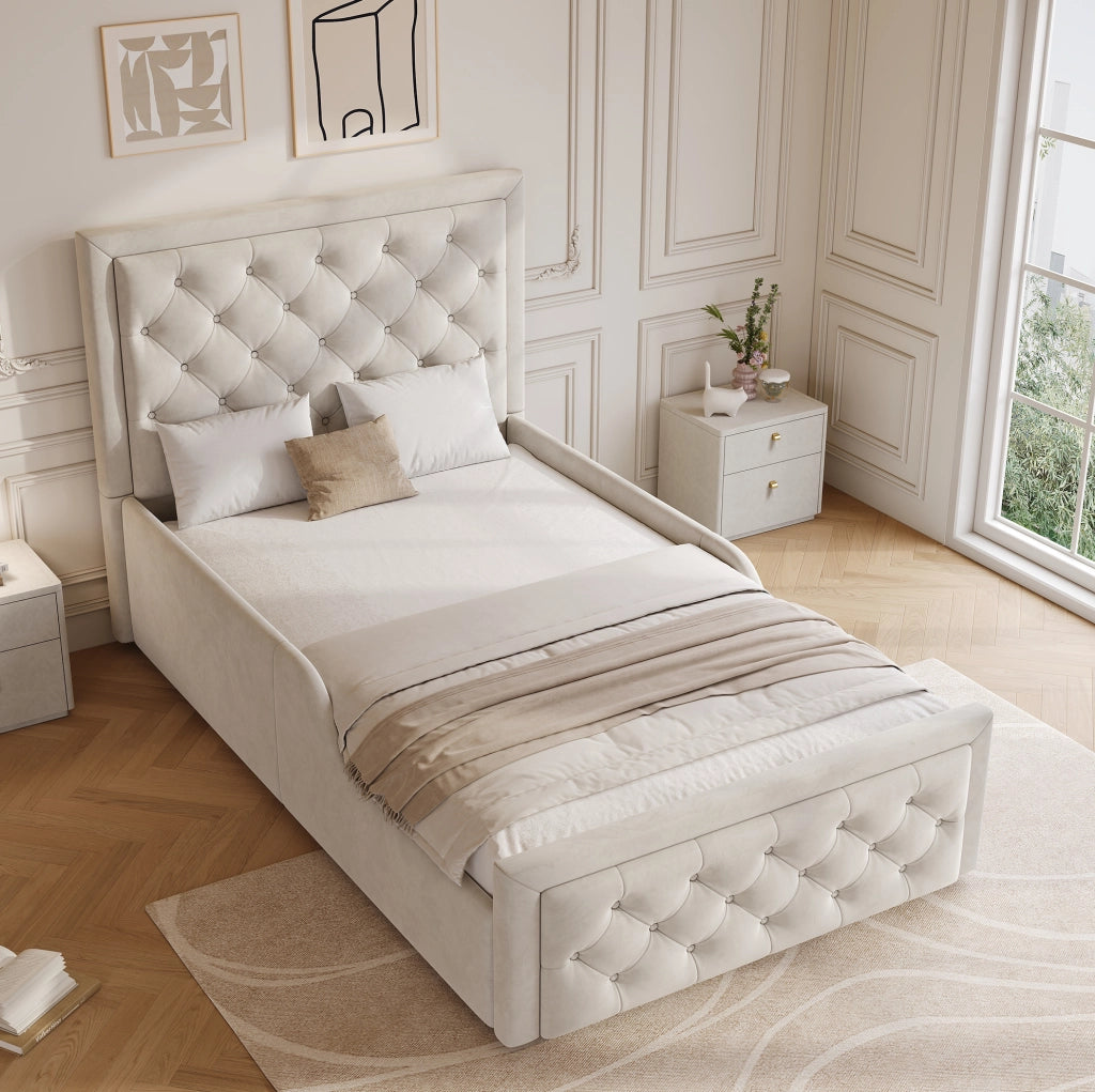 Letto singolo per bambini 90x200 cm con contenitore; velluto beige