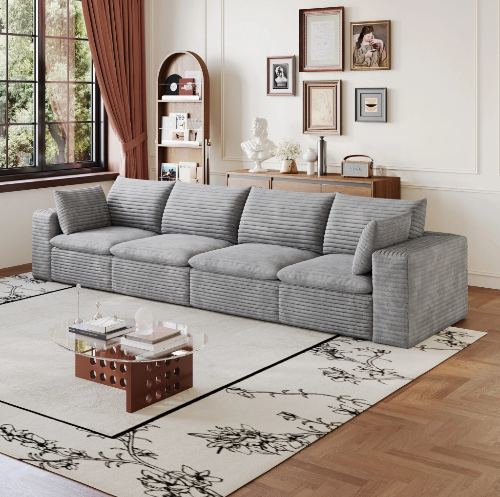 Divano Cloud 340 cm in tessuto di velluto a coste grigio scuro con imbottitura rimovibile e design modulare senza necessità di montaggio