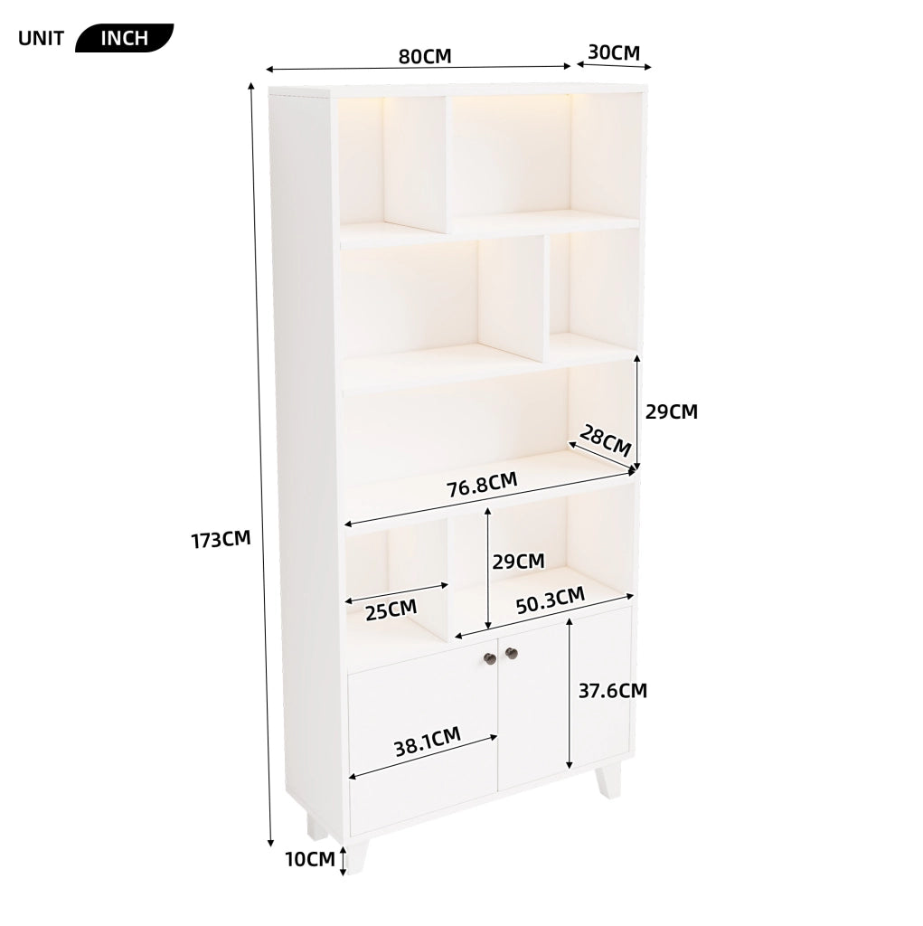 Libreria bianca 80x30x173 cm con ripiani multipli, gambe in legno massello, porte doppie e illuminazione LED con controllo app