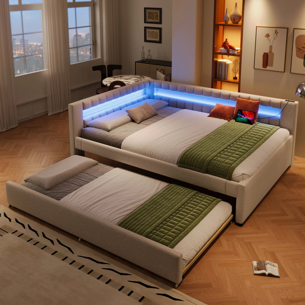 Letto divano estraibile 140 × 200 cm e 90 × 190 cm con LED; USB e porta tipo C; senza materasso; lino beige