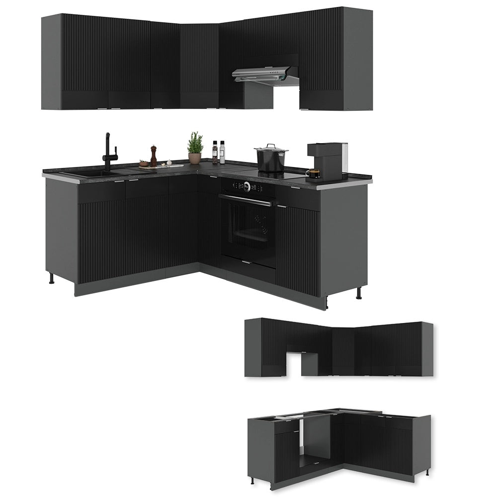 Cucina angolare completa Fame-Line Nero rigato/Antracite 190 x 160 cm, PL Marmo Vicco