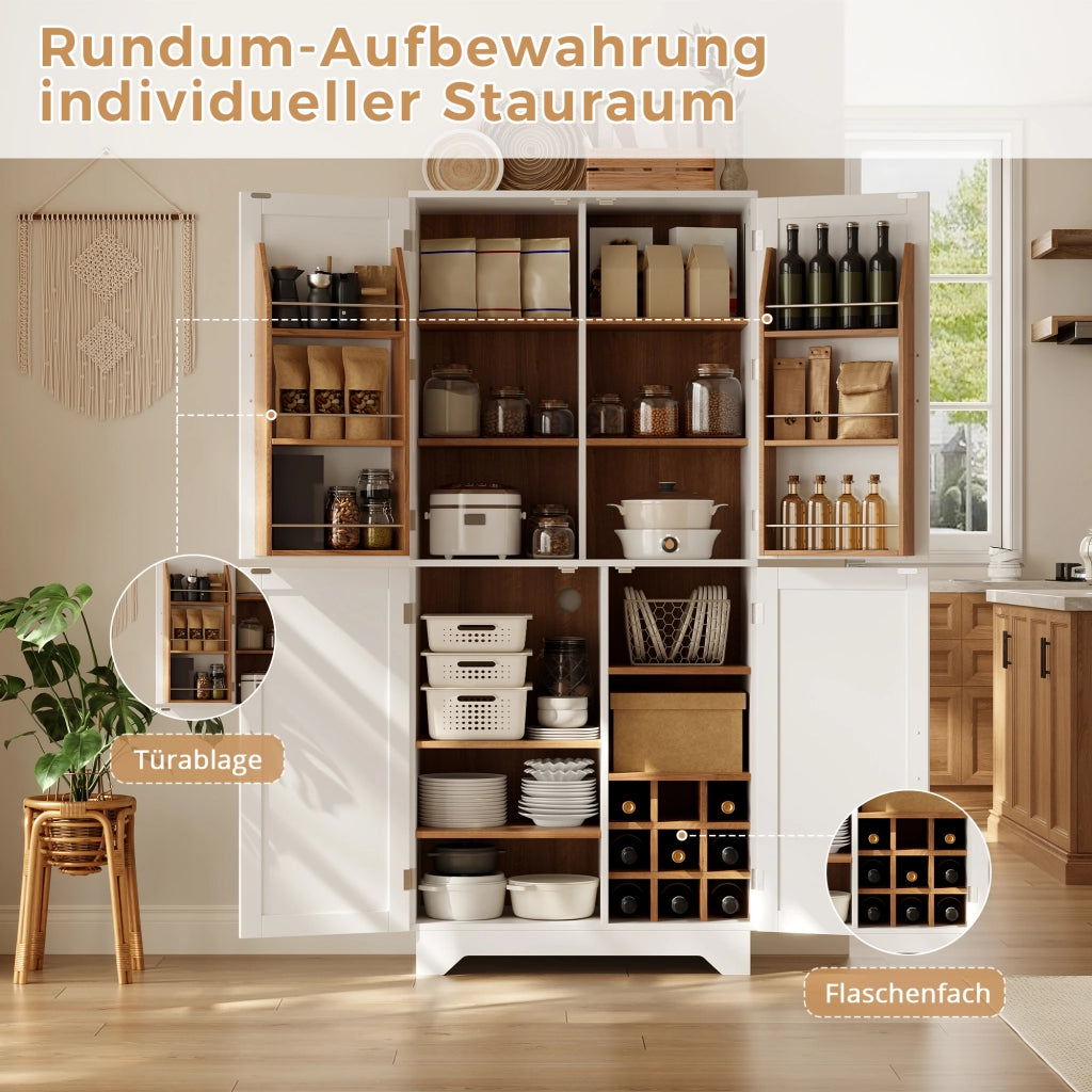 Mobile colonna da cucina con 4 ante; portabottiglie e ripiani sulle ante in MDF bianco e naturale 80 × 40 × 180 cm