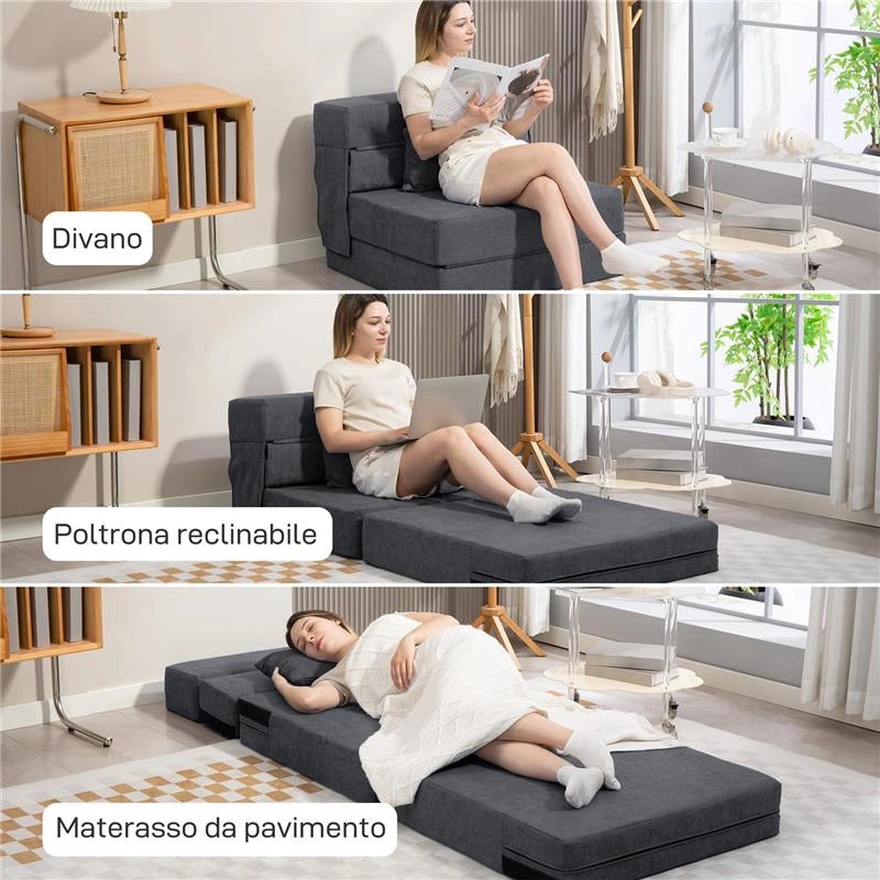 POLTRONA LETTO PIEGHEVOLE CONVERTIBILE IN CHAISE LONGUE E MATERASSO, 80X80X64 CM, GRIGIO SCURO