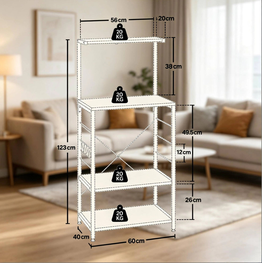 Scaffale da cucina a 4 ripiani con ganci, bianco e rovere