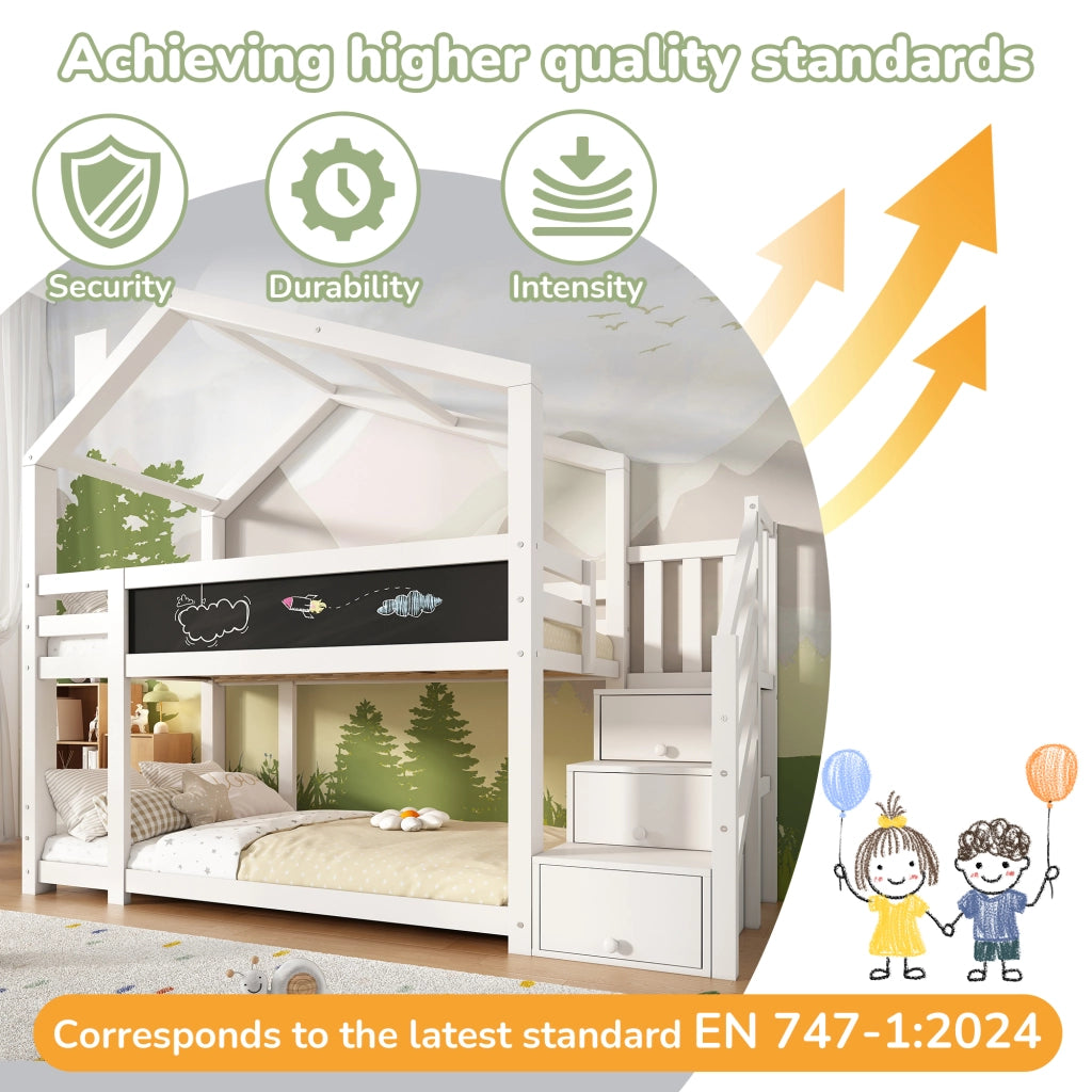Letto per bambini 90 x 200 cm; letto a castello con camino; contenitore; protezione anticaduta; bianco; pannello e 2 reti a doghe inclusi; bianco