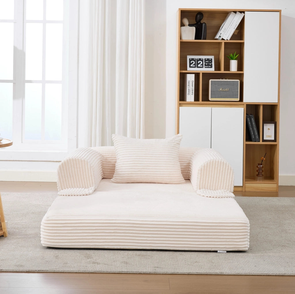 Poltrona letto singola trasformabile in velluto a coste beige con cuscino per ospiti e relax