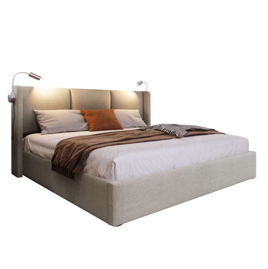 Letto matrimoniale imbottito contenitore 140 × 200 cm con luce USB; lino beige
