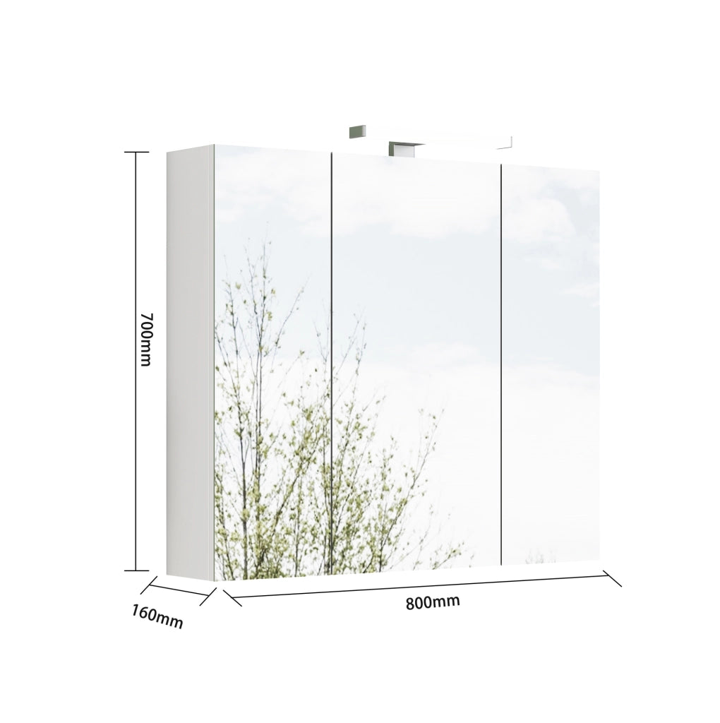 Mobile specchio bianco da 80 cm a parete con 3 ante, illuminazione LED e presa francese integrata