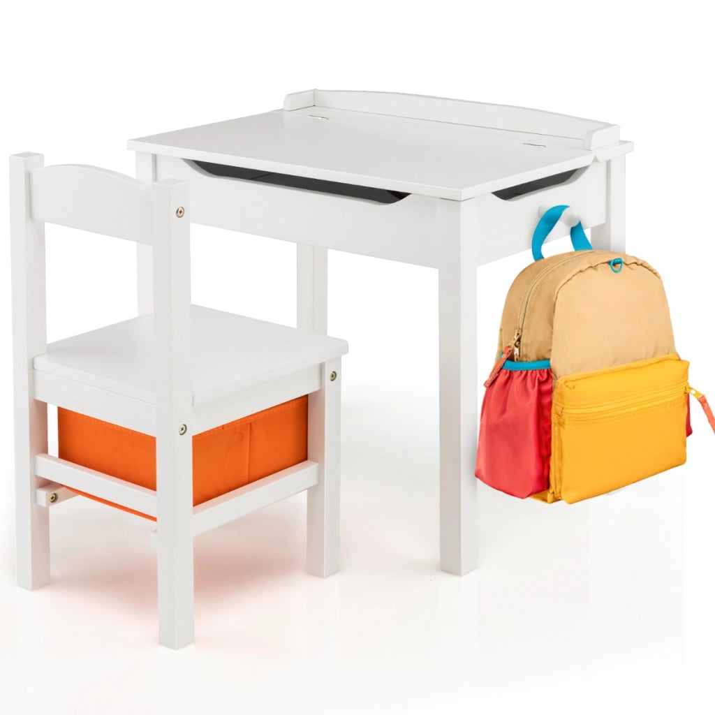 Set tavolo e sedia per bambini in legno massello, Scrivania ribaltabile con sedia per stanza giochi asilo Bianco