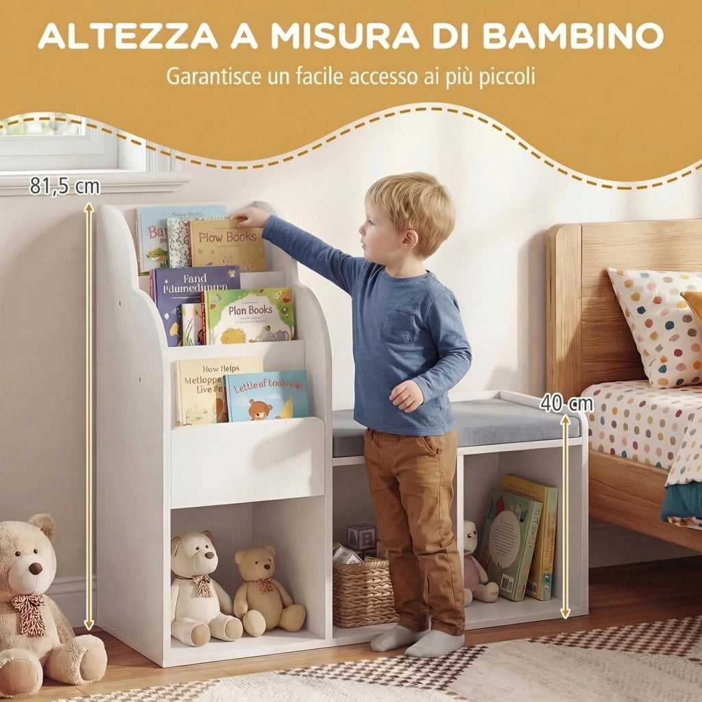 Libreria Montessori per Bambini con Panca Imbottita
Angolo Lettura con Scaffale a 3 Ripiani, 3 Scomparti Portaoggetti e Spazio Nascosto, Salvaspazio, 80 x 29,5 x 81,5 cm