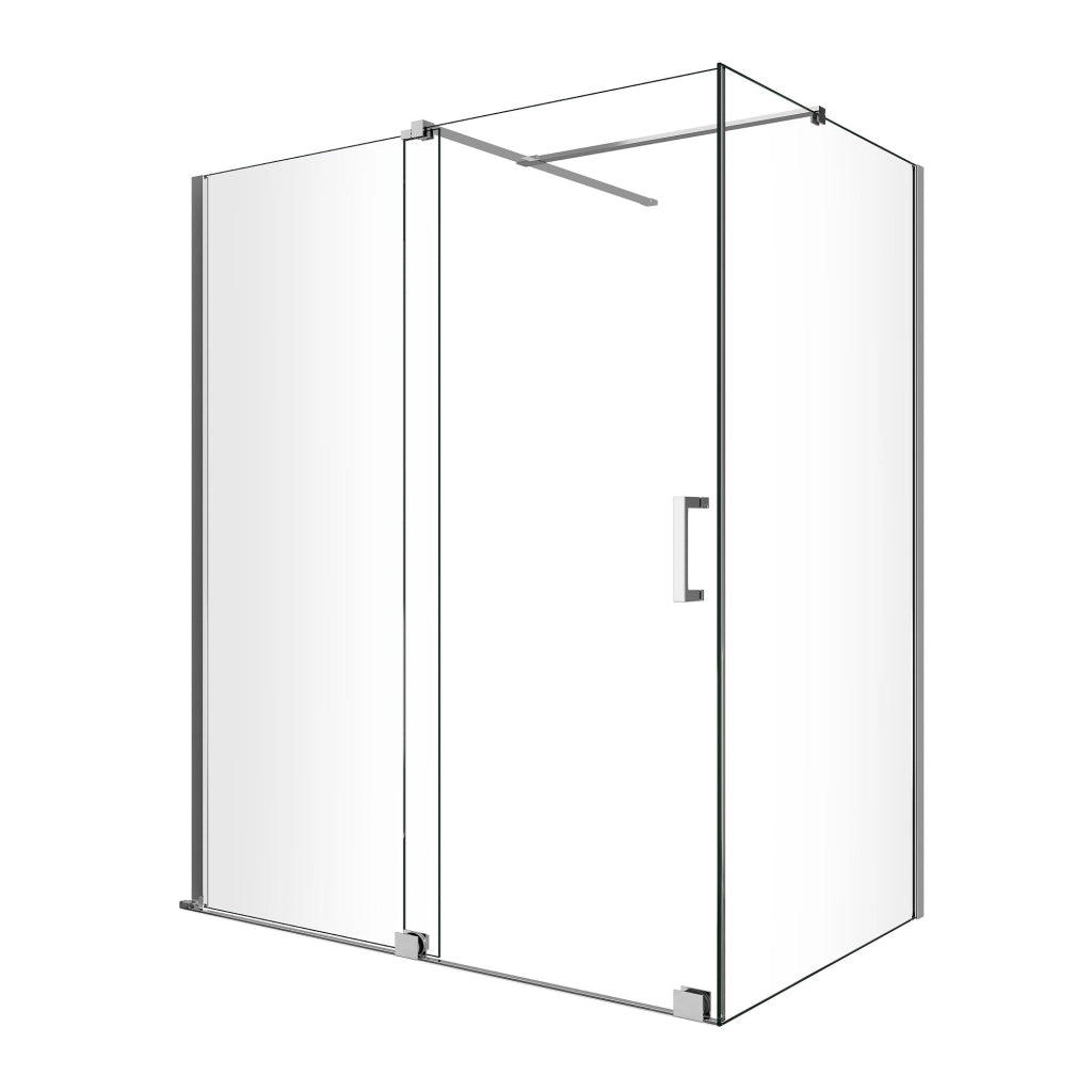 Box Doccia Angolare Con Pannello Fisso Laterale E Porta Frontale Scorrevole Senza Telaio H 200 Cromo Trasparente Cm 80 (78-80) x 130 (126-131)