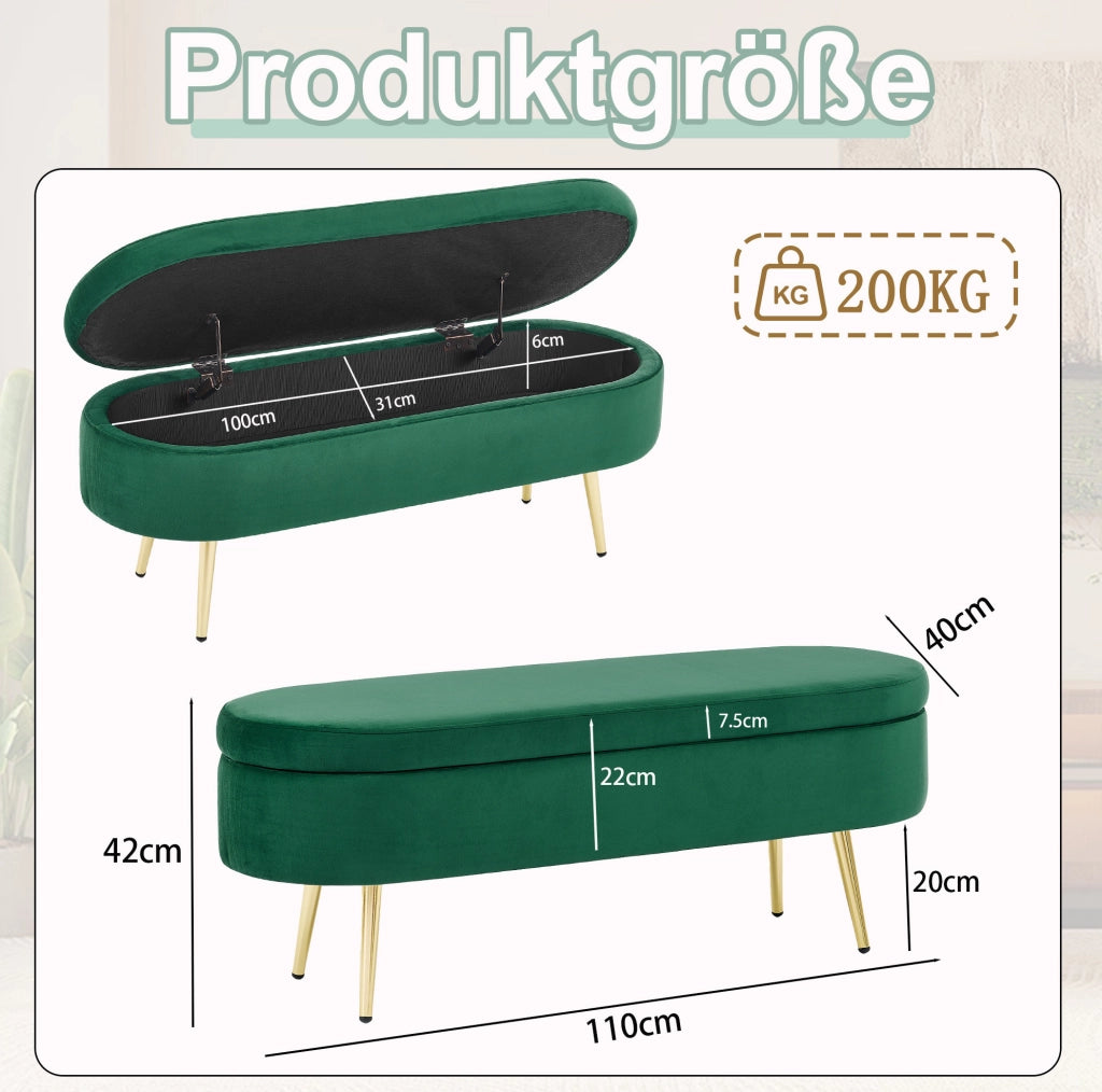 Panca contenitore multifunzionale in velluto verde con struttura in legno massello e gambe in metallo, 110x40x42 cm, 20L capacità