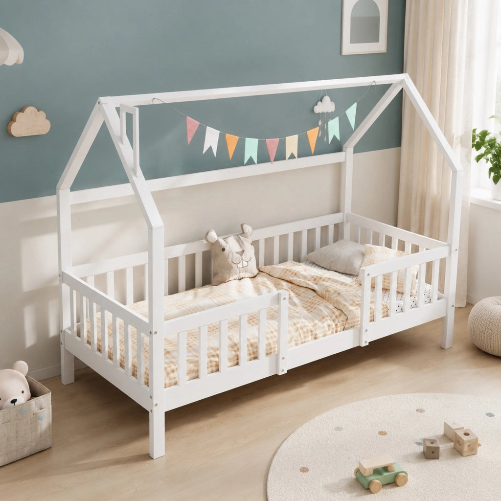 LETTO a casetta con tetto e recinto 90x200 cm in legno di pino bianco