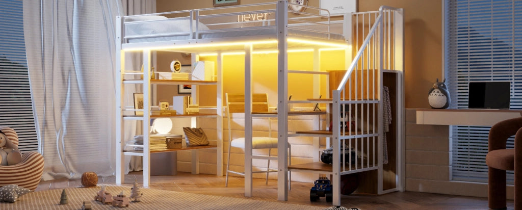 Letto a soppalco 90x200 cm in ferro con luci LED, presa elettrica, mensola e libreria, design multifunzionale, colore bianco