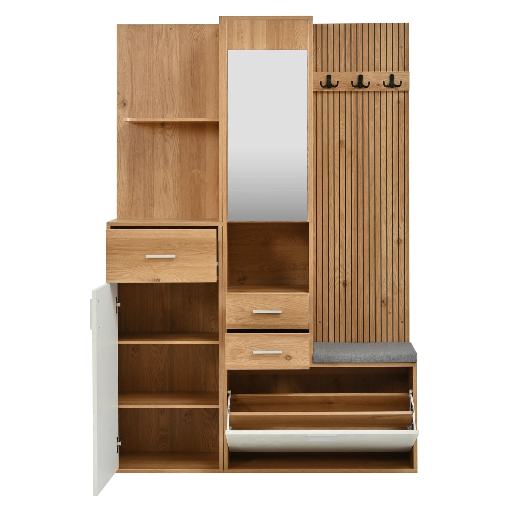 GARDEROBA MULTIFUNZIONE 120x32x178 cm Bianco e Naturale con specchio e LED