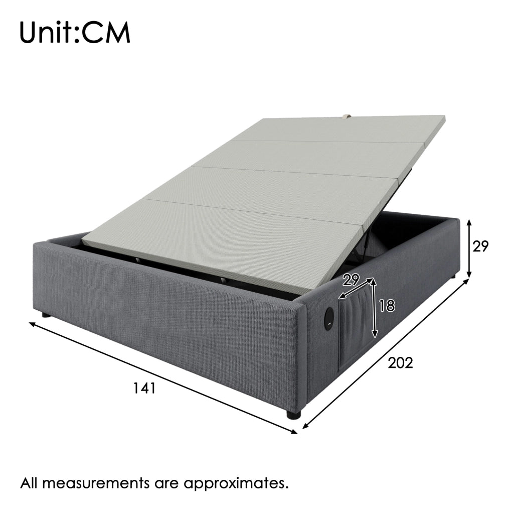 Letto contenitore 140 x 200 cm grigio con USB e porta Type-C