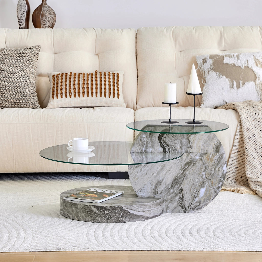 Tavolino basso fisso a due livelli con vetro di sicurezza e base effetto marmo grigio 78.5 × 78.5 × 24.5 cm