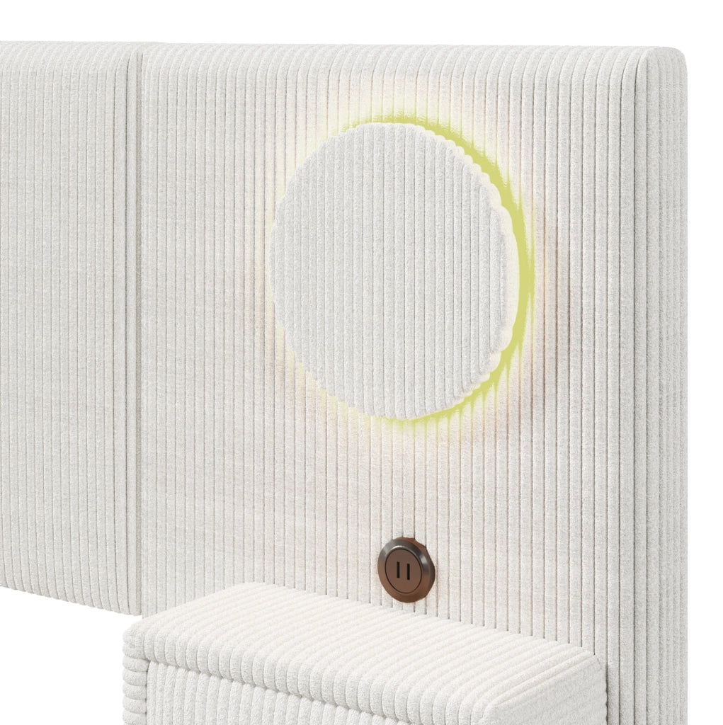 Letto imbottito 180x200 cm con LED, USB e comodini con cassetti in velluto beige
