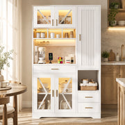 Credenza alta 105x40x185 cm con vetrina; LED multicolore e prese USB in MDF bianca