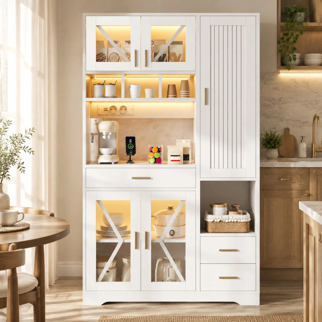 Credenza alta 105x40x185 cm con vetrina; LED multicolore e prese USB in MDF bianca