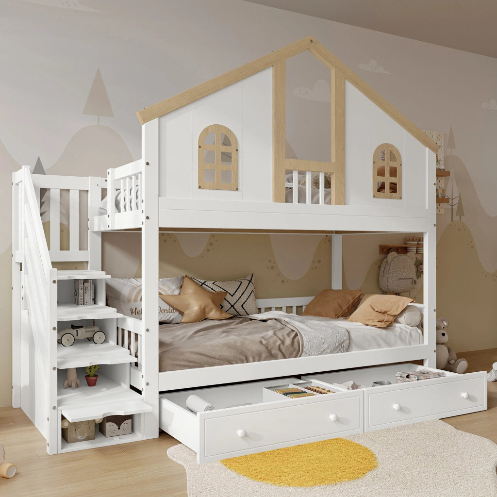 Letto a castello per bambini 90 × 200 cm con scala contenitore in legno bianco e naturale con cassetti e sponde