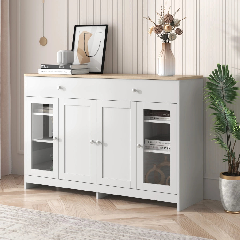 Credenza rustica 4 ante, 2 cassetti e ripiani regolabili per soggiorno, MDF bianco e legno, 120 × 37 × 80 cm
