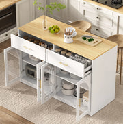 Isola cucina 135x55 cm con LED; 2 cassetti e ante in vetro bianca HOMVRA