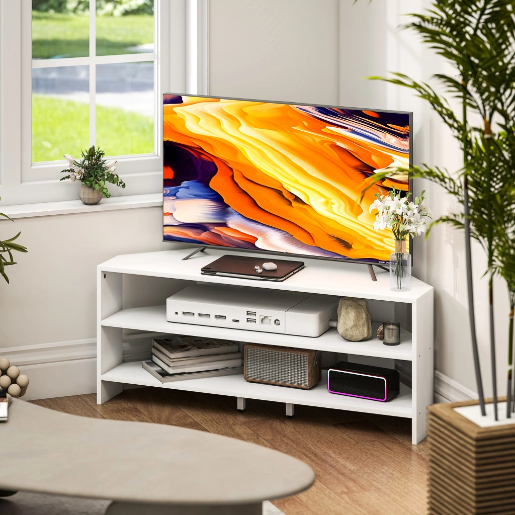 Mobile TV Angolare in Legno con 2 Ripiani Aperti per TV fino a 47 Pollici ¨C zephmum ¨C Bianco 110x36x45 cm