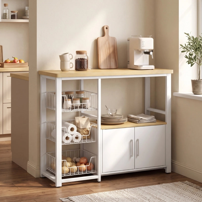 Scaffale da cucina con 3 cesti, vano per microonde e armadietto in MDF e acciaio color rovere 100 × 35 × 80 cm