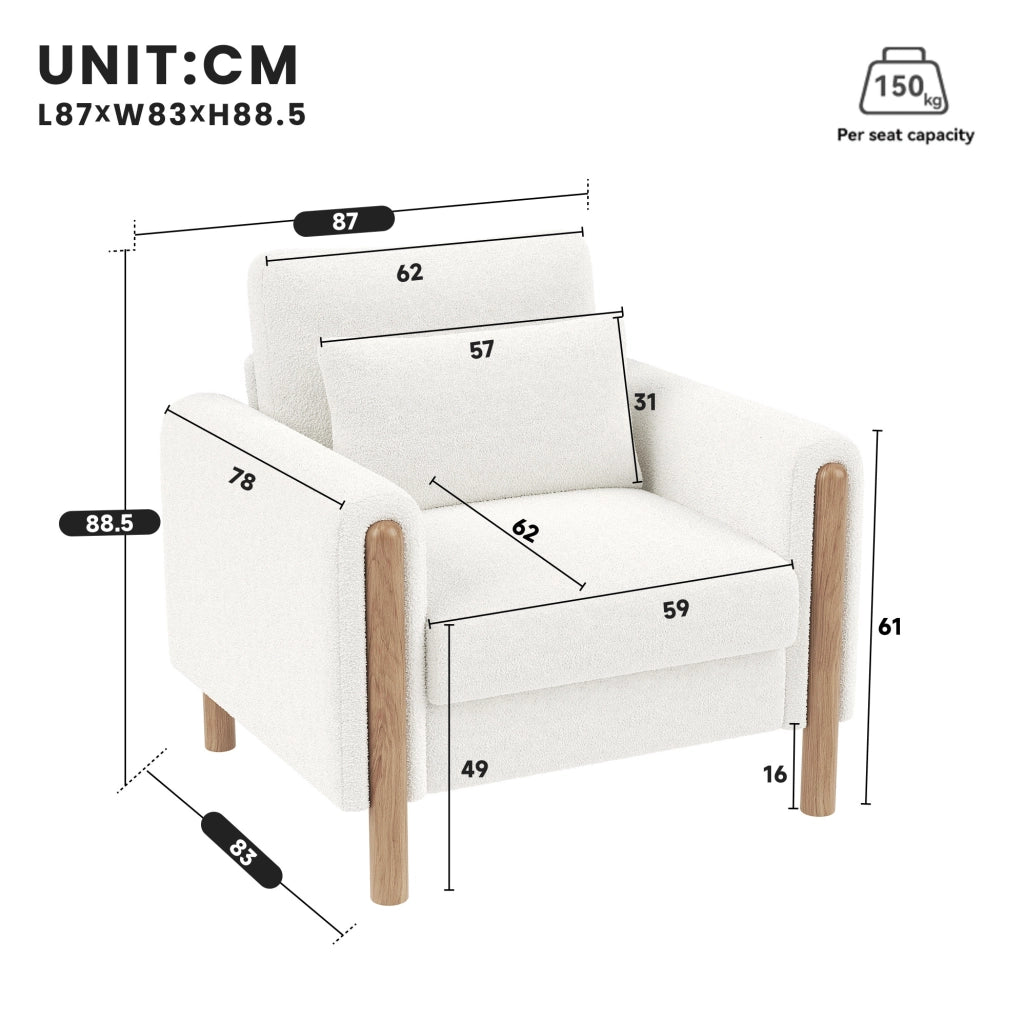Poltrona lounge in tessuto Teddy bianco con cuscini spessi