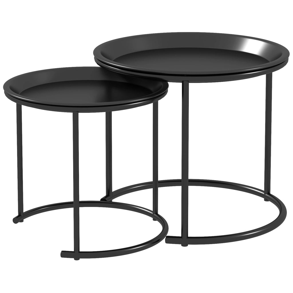 Tavolini bassi a incastro set di 2 con vassoi rimovibili in acciaio nero portata 10 kg Ø 43 × 38 e Ø 35 × 34 cm
