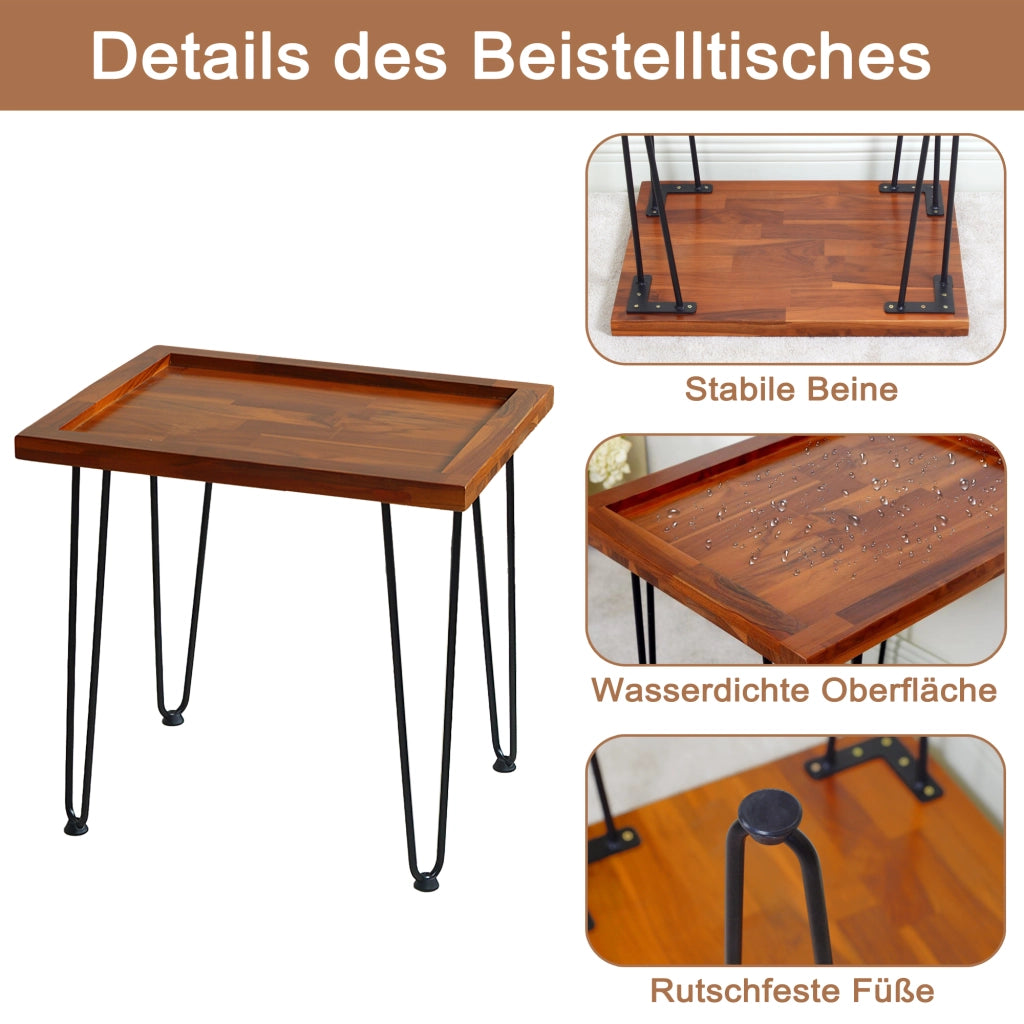 Tavolino basso fisso in legno di mogano con gambe in ferro verniciato e piedini antiscivolo color legno naturale