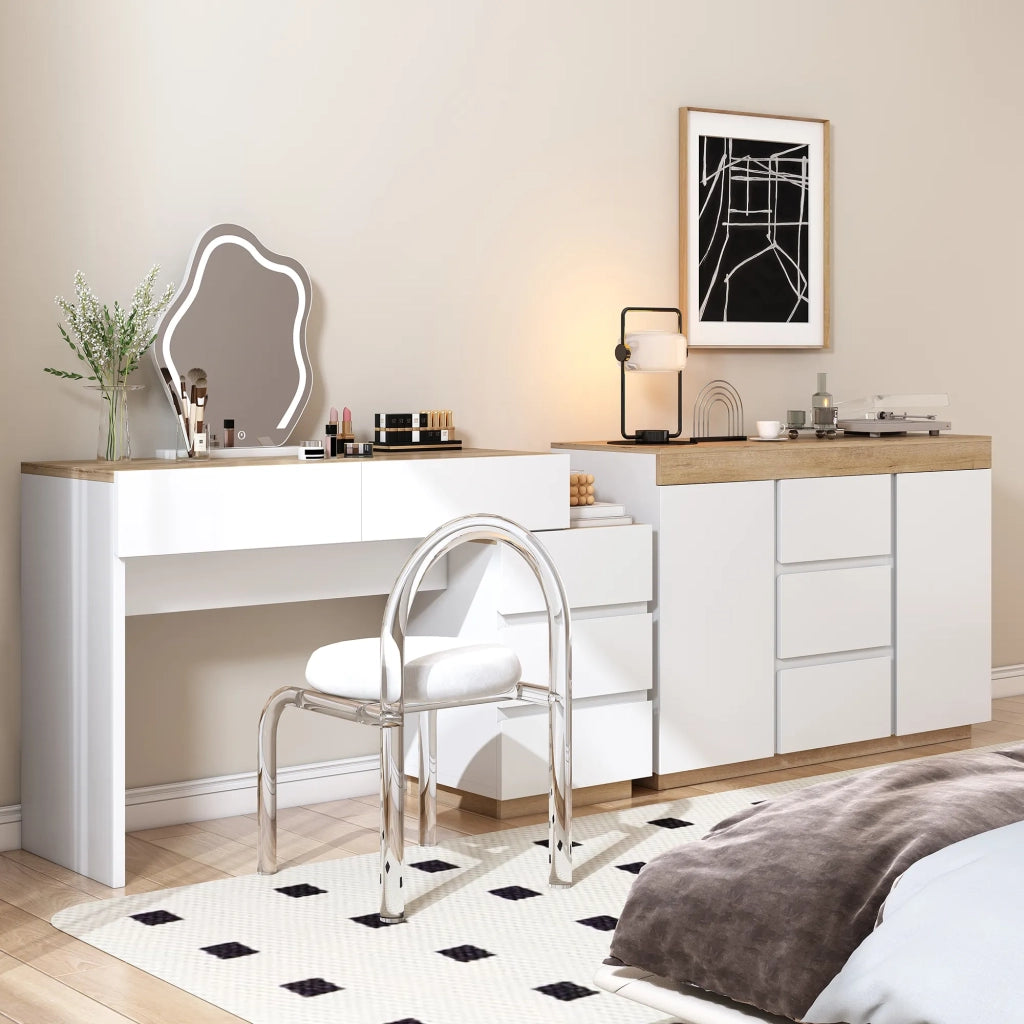 Scrivania con 5 cassetti, tavolo da trucco, funzione contenitore, per camera da letto, truciolato E1, bianco+quercia