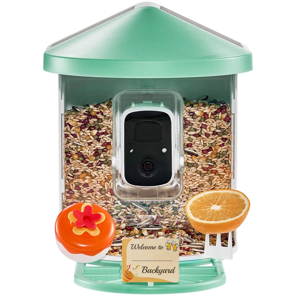 Mangiatoia per Uccelli Intelligente con Telecamera 2K FB-A05, Riconoscimento AI, 3 Pannelli Solari e Batteria 5200mAh per Giardino, Verde