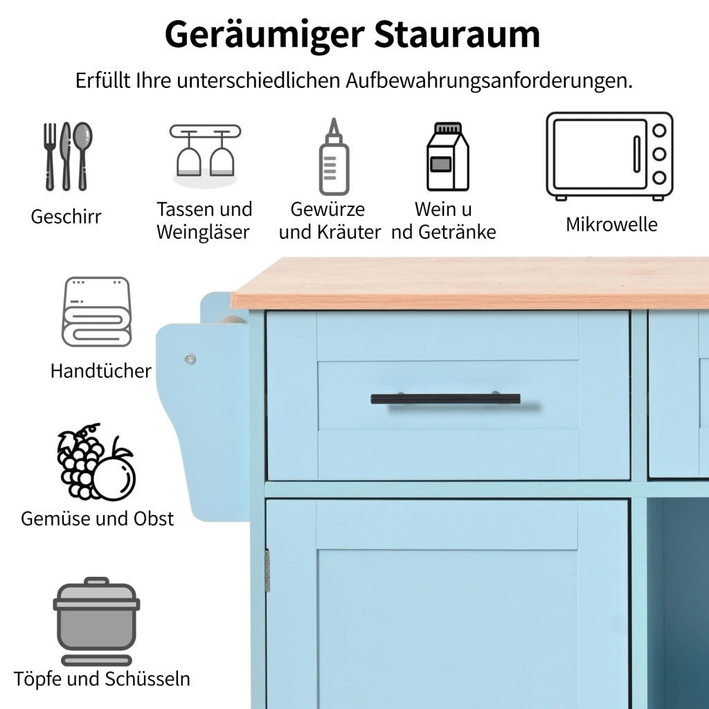 Carrello da cucina con piano pieghevole; 3 cassetti e ripiani regolabili; MDF blu 139 × 46(71) × 91.5 cm