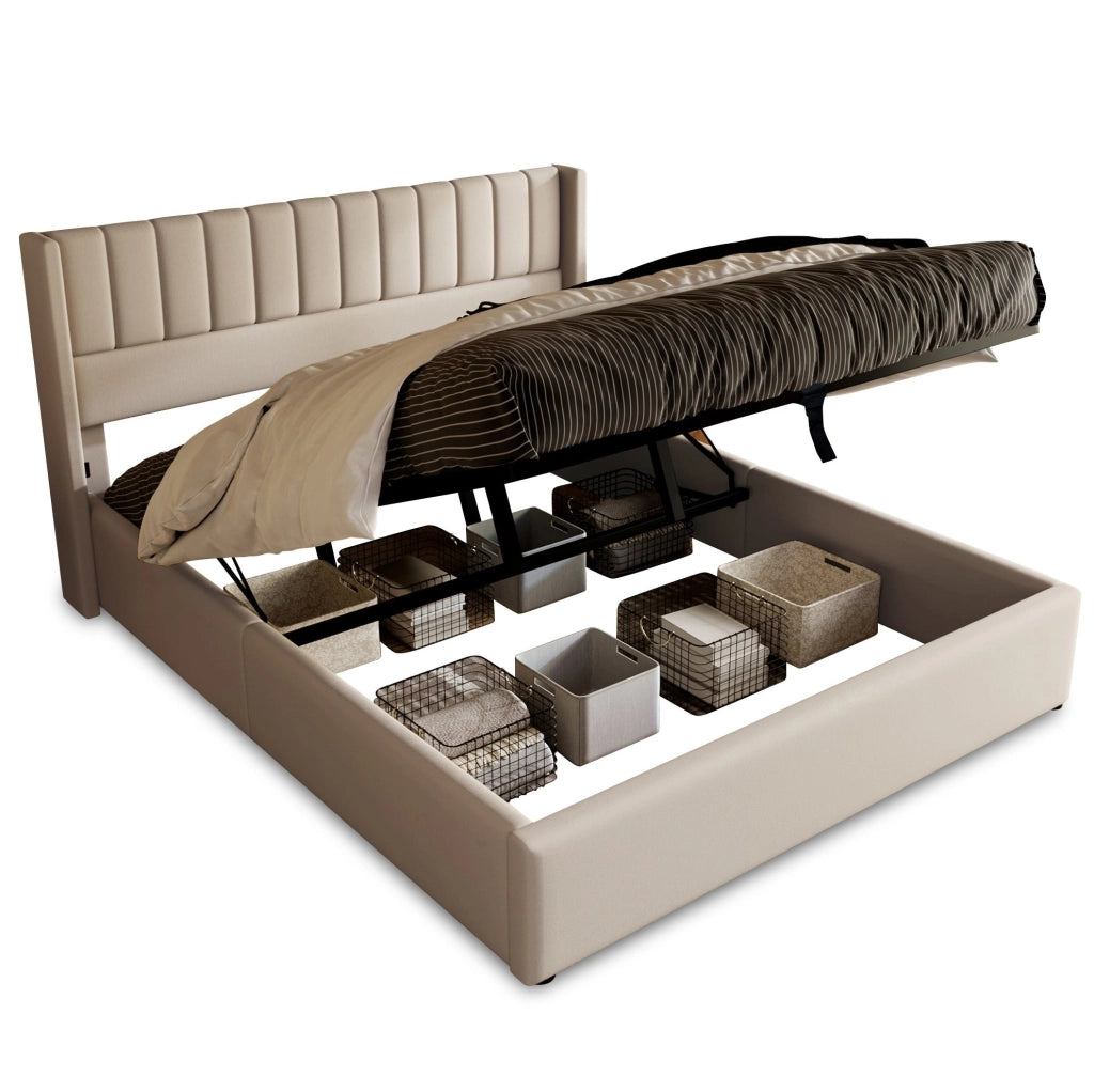 Letto matrimoniale 180x200 cm con contenitore idraulico in lino beige