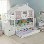 Letto a castello 90x200 cm bianco e rosa in legno e MDF, estraibile,